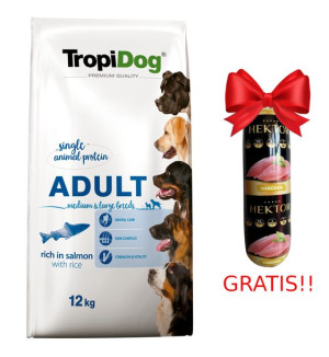 TROPIDOG Premium Adult medium & large breeds bogaty w łososia i ryż 12kg  +