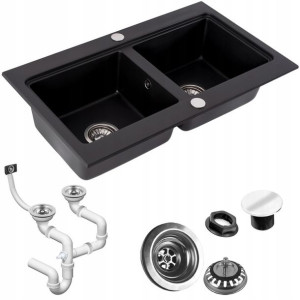 Zlewozmywak Zlew Granit Caddy Black Czarny + Syfon