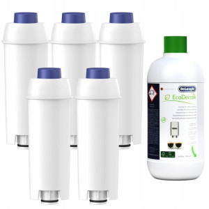 5x FILTR WODY + DeLonghi ODKAMIENIACZ 500ml ZESTAW