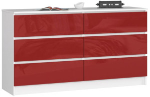 Komoda K 140 Cm 6 Szuflad Czerwony Akryl Wysoki Połysk