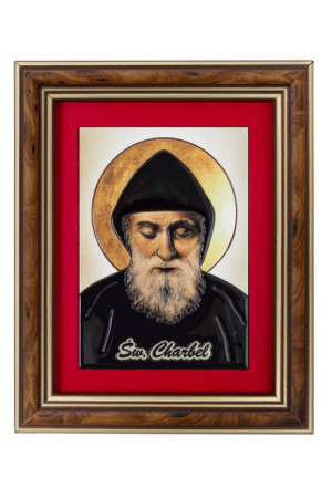 Święty Charbel - Ceramika drewniana w ramce