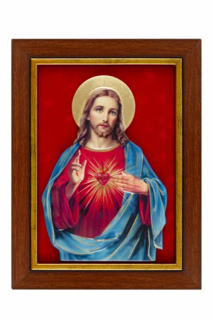 Serce Jezusa - Ceramika żywiczna w ramce (welur czerwień)