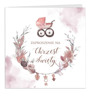 Zaproszenia na Chrzest z Białą Kopertą - Wózek Różowe