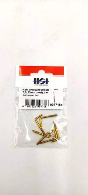Haki wkręcane proste mosiężne 2,6x25mm 6 szt.