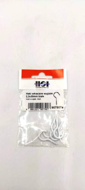 Haczyki wkręcane wygięte białe 2,3x30mm opak. 4