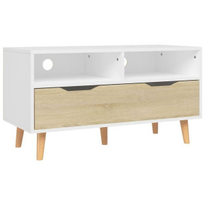 Szafka pod TV, biel i dąb sonoma, 90x40x48,5 cm, płyta wiórowa