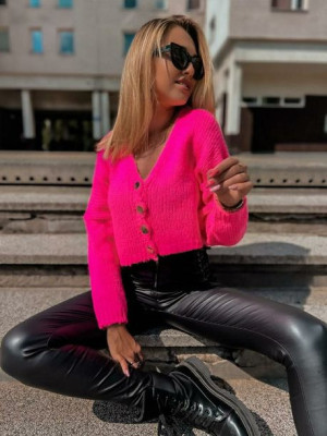 Sweter kardigan krótki neon róż ze złotymi guzikami