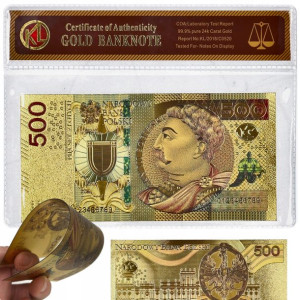 Banknot Kolekcjonerski 500 Zł Pozłacany 24k Złoty