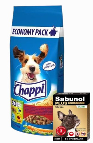 CHAPPI 13,5kg - sucha karma dla psów z wołowiną, drobiem i warzywami + Sabu