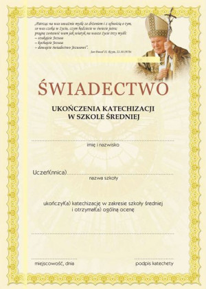 Świadectwo ukończenia katechezy - Szkoła średnia