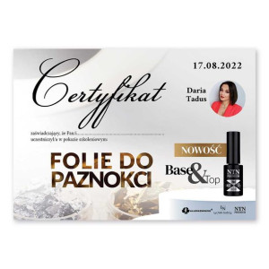 Certyfikat ze szkolenia online Folie do paznokci Base&Top NTN by Daria Tadu