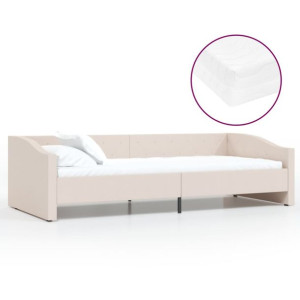 Łóżko dzienne z materacem i USB, kremowa tkanina, 90x200 cm