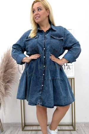 Sukienka Jeansowa z Rozkloszowanym Dołem Plus Size Niebieska 54/7XL