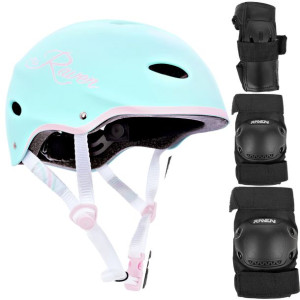 Zestaw Kask Raven F511 Mint/Pink S + Ochraniacze Dexard Black S
