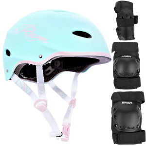 Zestaw Kask Raven F511 Mint/Pink M + Ochraniacze Dexard Black M