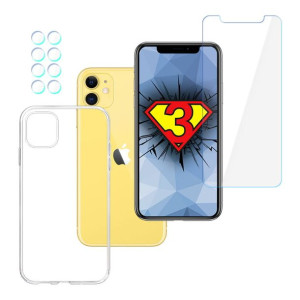 ZESTAW na iPhone 11 - 3mk HardGlass, 3mk Clear Case, 3mk Lens Protection