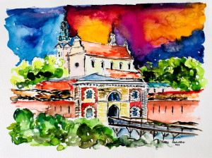 Katedra w Zamościu - architektura - akwarela oryginalna