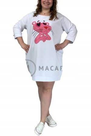 Tunika Dresowa Plus Size z Kieszeniami RÓŻOWA PANTERA Biała 7/8XL