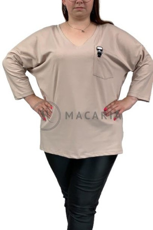 Bluzka Damska T-shirt z Rękawem 3/4 Plus Size KARL Beżowa 5/6XL