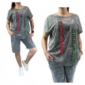 Marmurkowy Komplet Plus Size Dresowy Krótki KAMELIA WAWA Szary 46/3XL