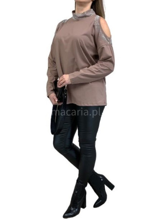 Bluzka Bawełniana z Półgolfem KIMI Beżowa WAWA 48/4XL
