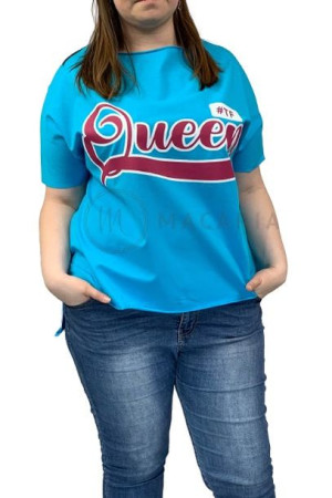 T-shirt Oversize Plus Size z Nadrukiem QUEEN Niebieski UNI