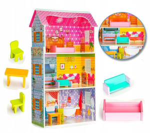 Duży Drewniany Domek Dla Lalek Barbie + Mebelki 3 Piętra