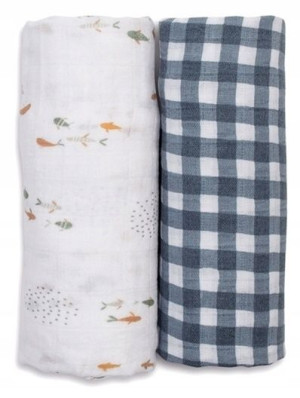 Lulujo Boho Kocyk Muślinowy Fish Navy Gingham 2Szt