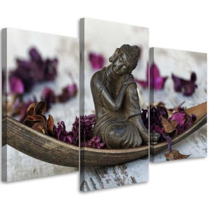 OBRAZ TRYPTYK Buddha Kwiaty Zen Fioletowy 90x60