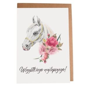 Kartka urodzinowa z koniem siwym w kwiatach