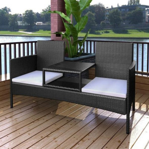 Emaga Dwuosobowa sofa ogrodowa ze stolikiem, rattan PE, czarna