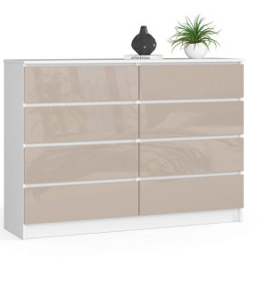 Komoda do salonu K 140 cm 8 szuflad - biała-cappuccino połysk