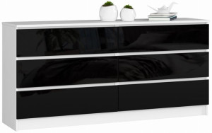 Komoda K 160 Cm 6 Szuflad Biała / Czarny Połysk