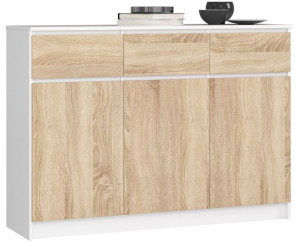 Komoda K 140 Cm 3 Drzwi 3 Szuflady Biała / Sonoma