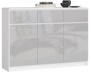 Komoda K 140 Cm 3 Drzwi 3 Szuflady Biała / Metalik Połysk
