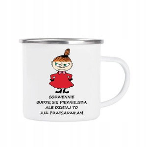 Kubek Stalowy BIAŁY wzór BUDZĘ SIĘ PIĘKNIEJSZA 02