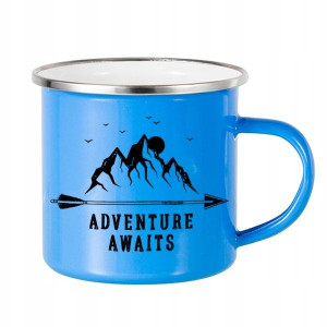 Kubek STALOWY Niebieski nadruk ADVENTURE AWAITS 01
