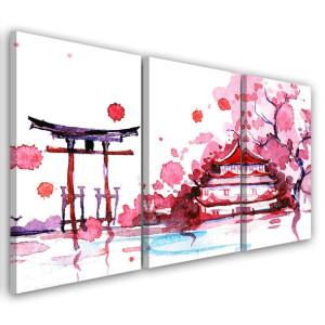 OBRAZ TRYPTYK Japonia Pejzaż Różowy 60x40