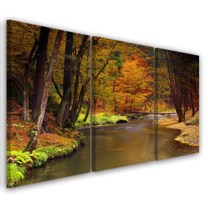 OBRAZ TRYPTYK Jesienny Las Rzeka 120x60