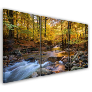 OBRAZ TRYPTYK Las Jesień Potok Natura 60x40