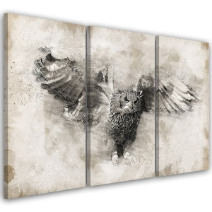 OBRAZ TRYPTYK Sowa Ptaki Szary Vintage 90x60