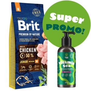 BRIT Premium By Nature Junior M 15kg + Olej z łososia norweskiego 300ml