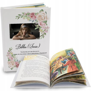 DUŻA BIBLIA Prezent na KOMUNIĘ PAMIĄTKA IMIĘ Wzory