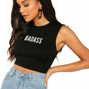 Koszulka Cropped CZARNA M NA RAMIĄCZKACH BADASS 01