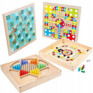 Zestaw Gier 4 w 1 - Chińczyk, Węże, Warcaby,  Carrom