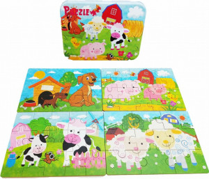 Zestaw 4 układanek puzzli w metalowym pudełku - Farma