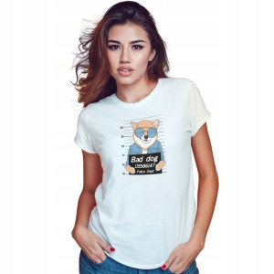 Modna Koszulka Damska Biała roz L wzór BAD DOG 02