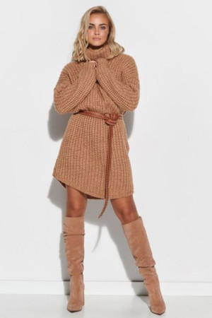 Wełniana gruba sukienka mini z golfem sweter CAMEL
