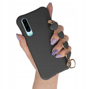 Etui Matowe CZARNY do HUAWEI P30 Łańcuszek Serce