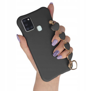 Etui Matowe CZARNY do SAMSUNG A21s Łańcuszek Serce